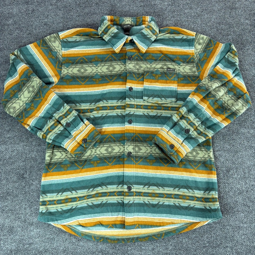 Eddie Bauer Mens Large Fleece Button Down Shirt Southwestern Teal Mustard Yellow